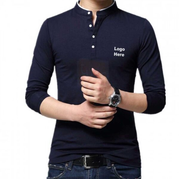 Navy Blue Cotton Polo Long Sleeve Mandarin Collar
