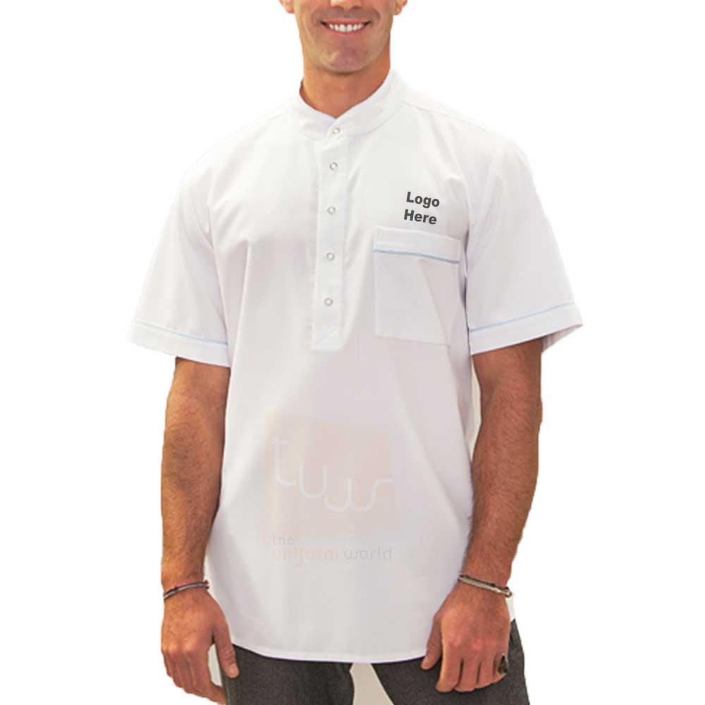 White Y Neck Plain Shirt Short Sleeve with Piping