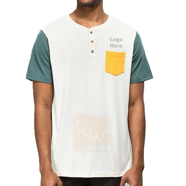 White Y Neck T Shirt with Contrast Pocket
