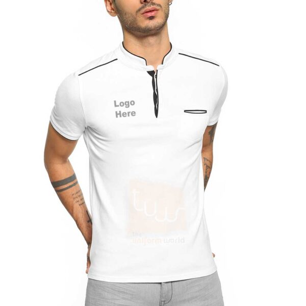 White Mandarin Neck T Shirt with Piping