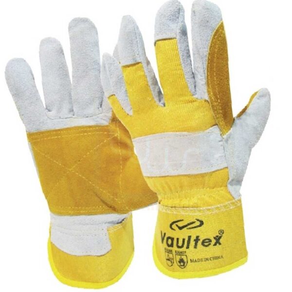 Grey Yellow Double Palm Leather Safety Gloves