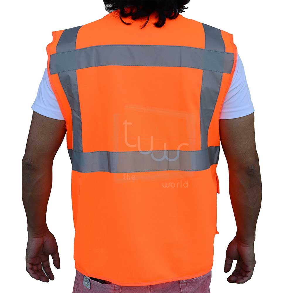 Neon Orange Safety Vest with Front Zipper Pen ID Pockets - Image 2