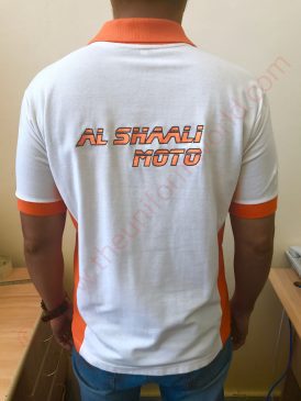 Al Shali Moto White Orange Polo 1 Uniforms Manufacturer and Supplier based in Dubai Ajman UAE