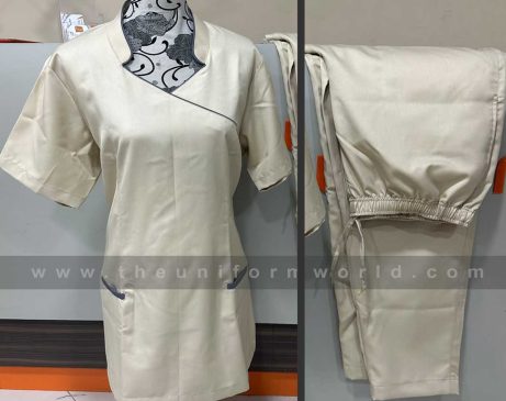 Customized Beige Maids Uniforms Poly Viscose Fabrics with Black Piping