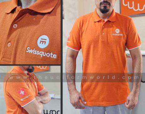 Customized Honeycomb Orange Polo shirts Male Female with tipping cuff, with logo on the left chest, right sleeve logo + flag embroidery.